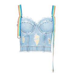Embellished Rainbow Color Straps Lace Sexy Denim Bustier Broken Cowboy Style Shapewear Fabric