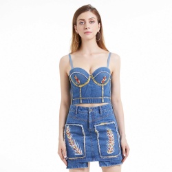 Women Hot Embroidered Colorful Paddy Jeans Skirt And Denim Bustier Top Suit