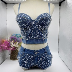 Jean Fabric Summer Beading Sequined Crop Top And Hot Shorts Casual Short Denim Two Piece Set