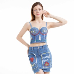 Ladies Fashion Plus Size Crop Sexy Clothing Womens Denim Corset Tops Denim Skirt