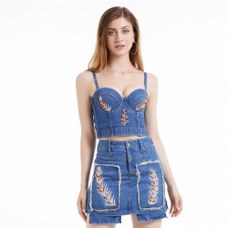 Women Denim Bra And Skirt Set Ripped Golden Rice Spike Embroidery