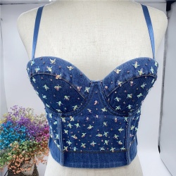 Clubwear Party Bra Women Denim Bustier Color Reflective Plastic Sequins Beading