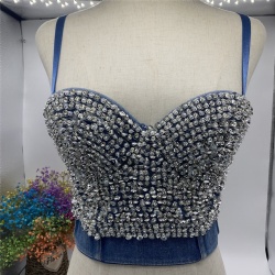 Denim Sequins Party Bra Women Bustier Bra Beading Pearl Acrylic Drill Multi Layers