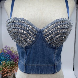 Womens Denim Bra Clubwear Party Bra Top Diamond Sequins Beading Shell Shape