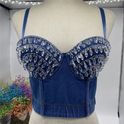 Diamond Pendant Denim Bra Fashionable Women Denim Tops Blue Tops